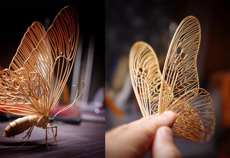 tiny insect art is made completely from bamboo wood