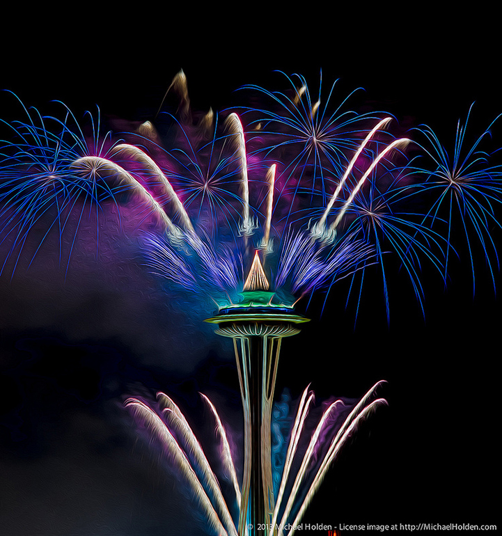 Exploding Fireworks Streak Atop Iconic Space Needle