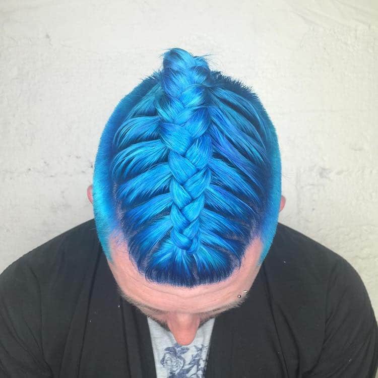 braids for men, man with black hair, blue braids, man bun, black t