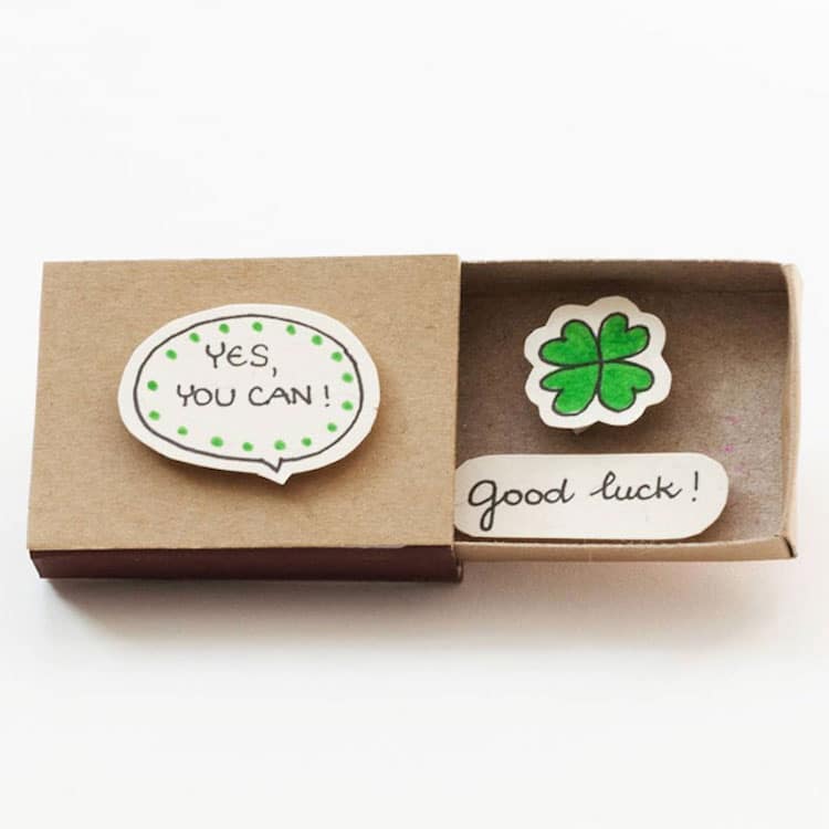 Good Luck "Yes you can" Matchbox Card with Four Leaf Clover