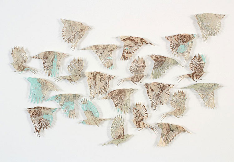 Paper Birds Intricately Cut From Old Maps and Atlases Appear to 