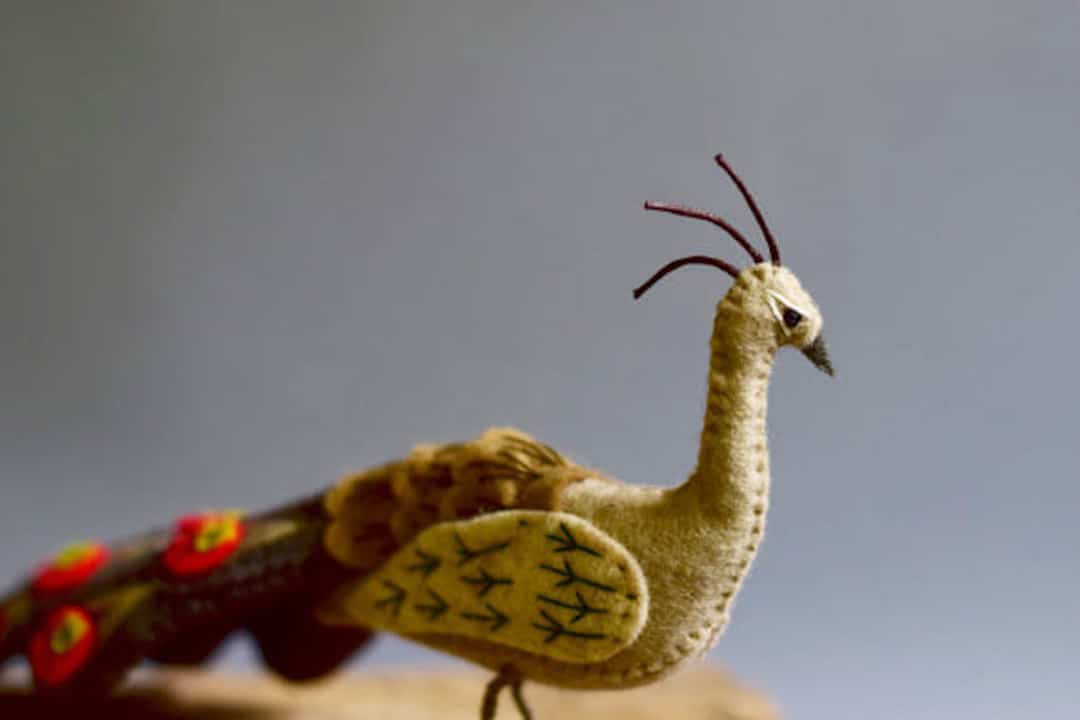 Felt Birds Sculptures With Detailed Peacock Feathers by Jill Ffrench