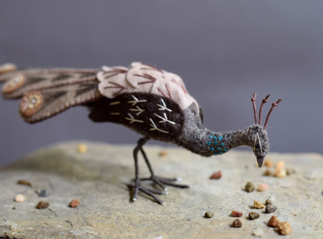 Felt Birds Sculptures With Detailed Peacock Feathers by Jill Ffrench