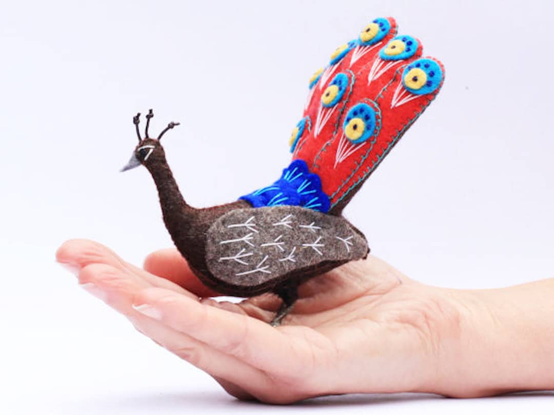 Felt Birds Sculptures With Detailed Peacock Feathers by Jill Ffrench