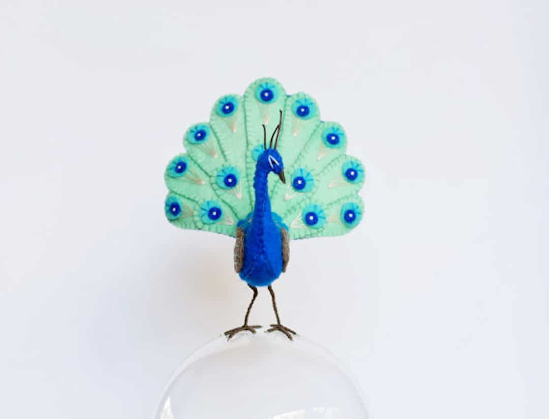 Felt Birds Sculptures With Detailed Peacock Feathers by Jill Ffrench