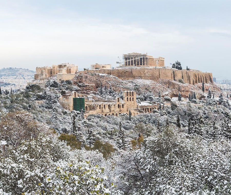 snow on the acropolis greece
