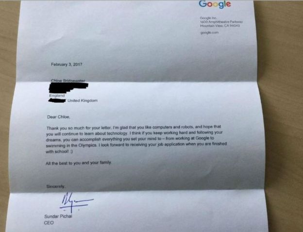 chloe bridgewater 7-year-old applies to Google application Sundar Pichai