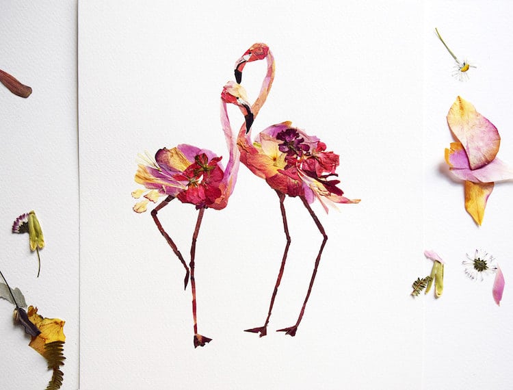 flamingos hechos con flores prensadas