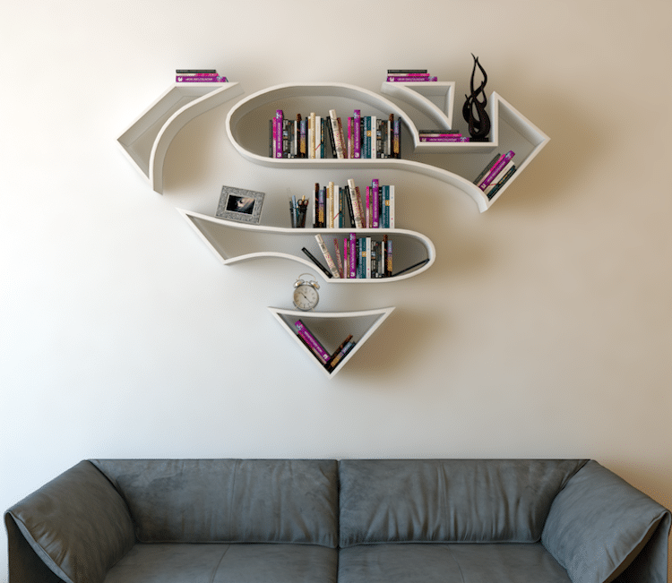 unique bookcases creative bookshelves books design graphic shape superman superheroes
