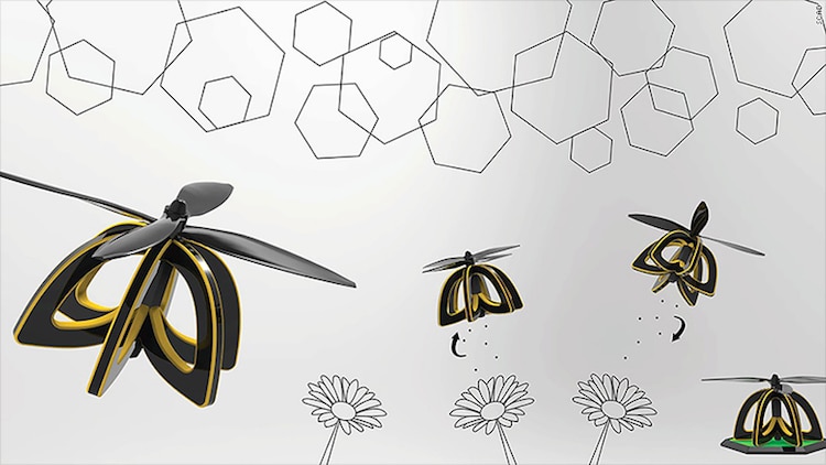 plan bee drone designed like black and yellow flowers