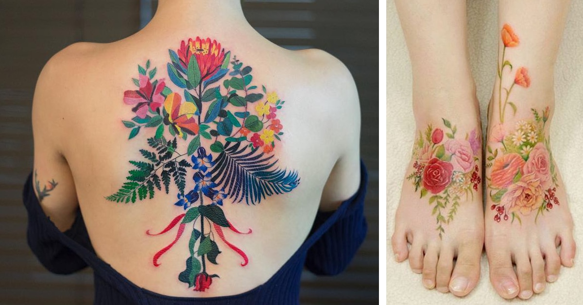 Delicate flower bouquet tattoo done in fine line.