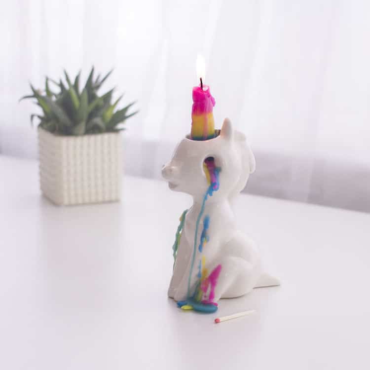 Rainbow crying unicorn novelty candle