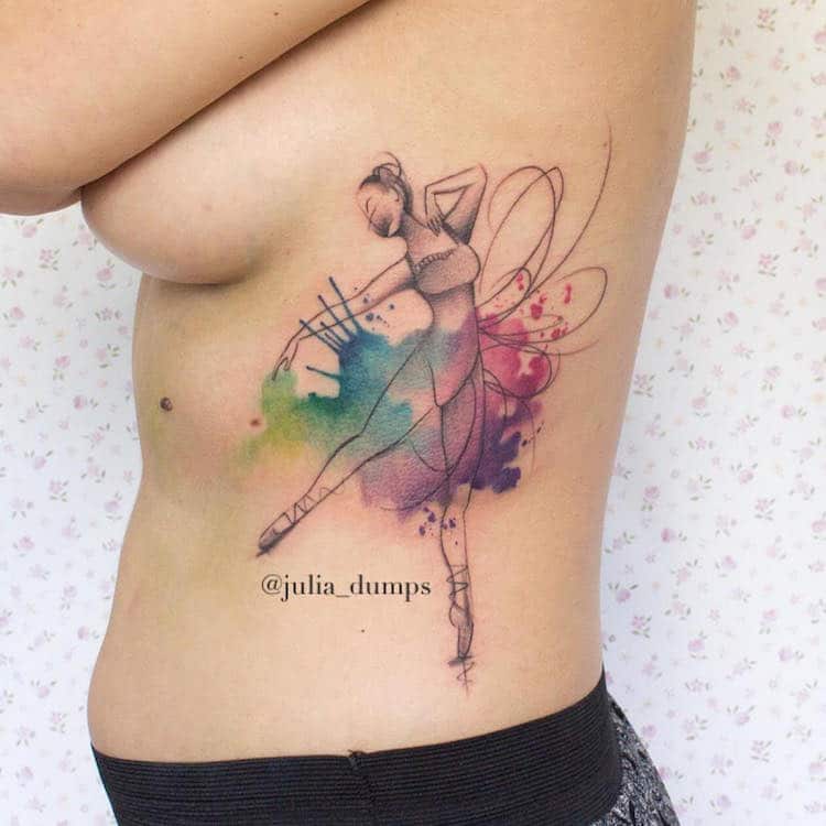 colorful ballerina watercolor tattoo by Julia Dumps