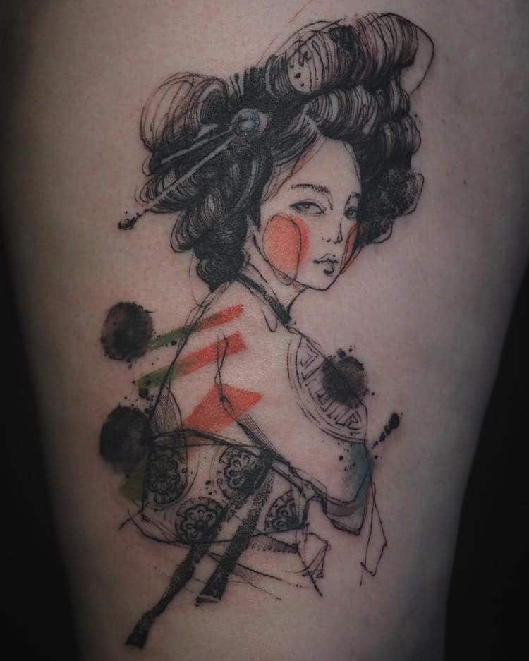 traditional Korean woman watercolor tattoos by NADi