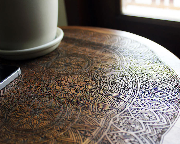 table design with wood burning
