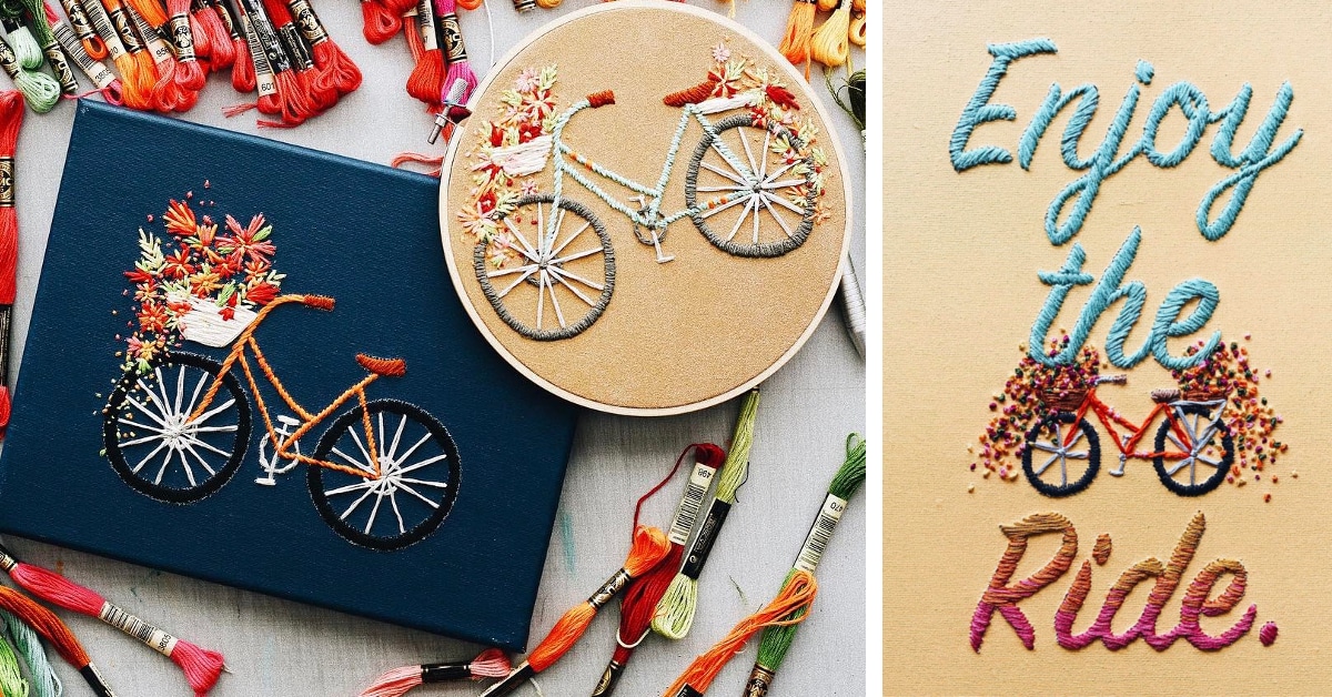 Embroidery flowers spill from the bikes baskets in whimsical bicycle art