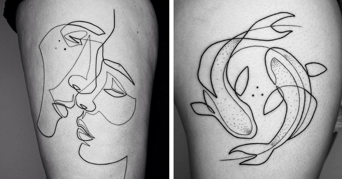 Continuous line minimal face tattoo on the upper back