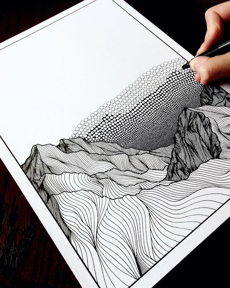 Pointillist Line Drawings of Mountains by Christa Rijneveld
