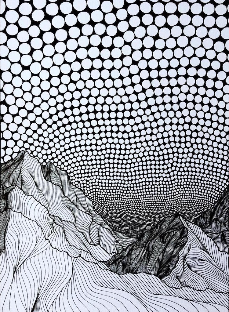 Pointillist Line Drawings of Mountains by Christa Rijneveld