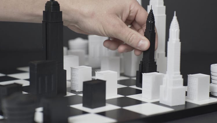 Cyberpunk chess board over cityscape