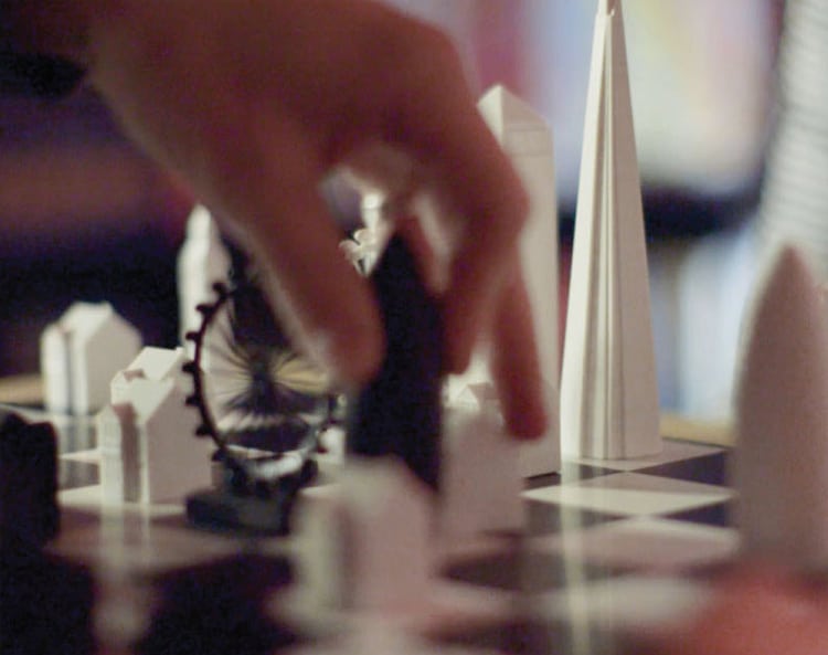 Cyberpunk chess board over cityscape