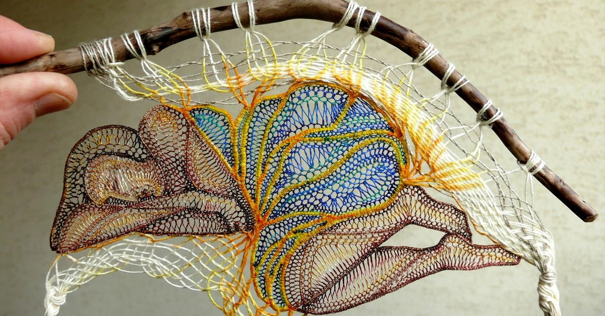 Delicate Hand-Sewn Lace Figures are Harmoniously Fused to Real Pieces of Found Wood