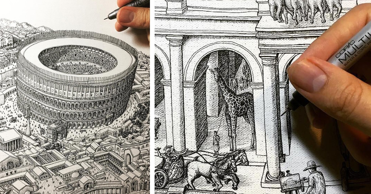 Artist Creates Detail Architecture Drawing Inspired by M.C. Escher