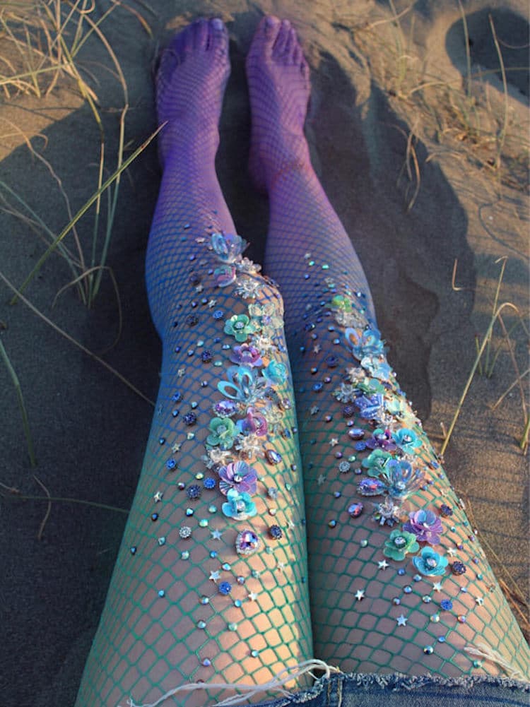 Mermaid Fishnet & Sheer Colored Tights with Seashell & Flower Detail