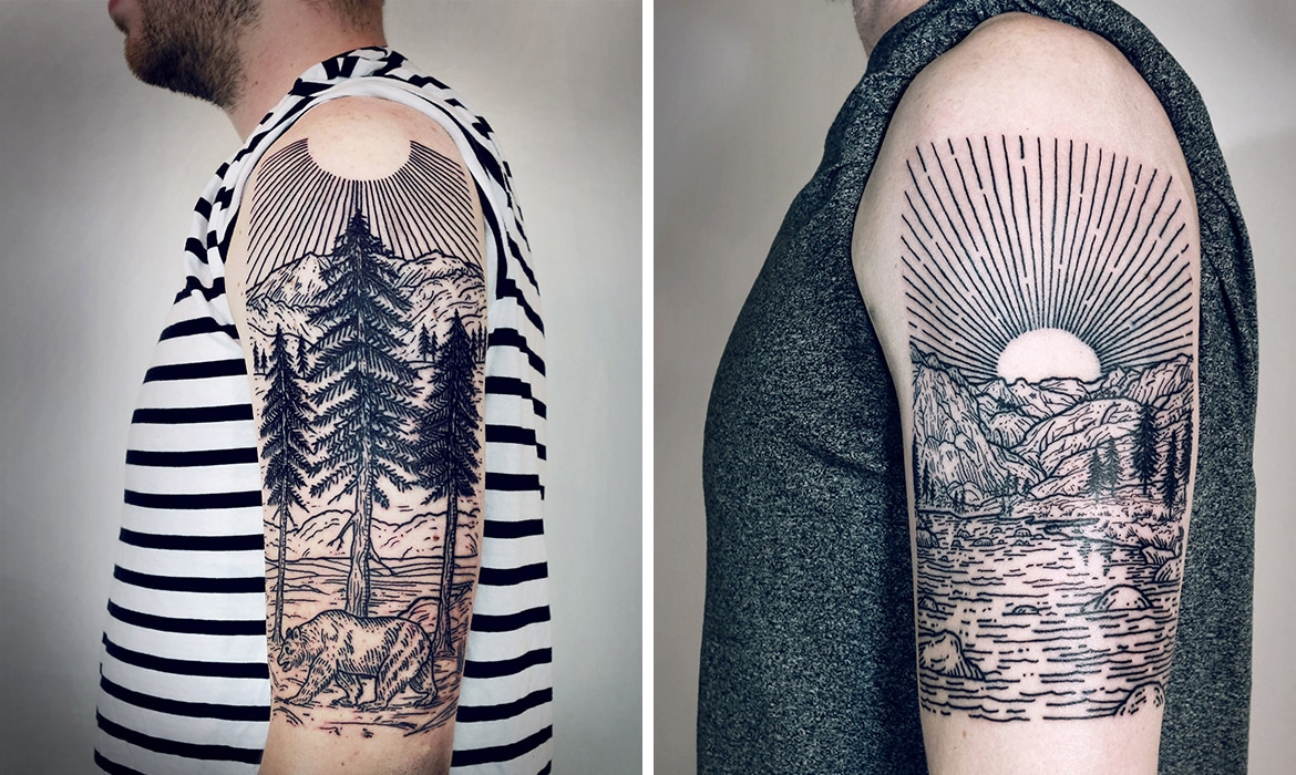 Half-Sleeve Tattoos Cover Arms in Mythical Landscape Illustrations