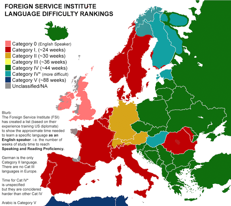European Language Map of Hardest Language to Learn