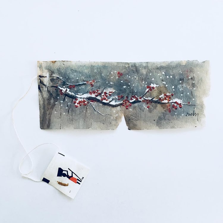 Miniature Paintings on Tea Bags by Ruby Silvious
