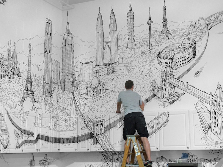 Cityscape Drawing Mural Art by Decktwo