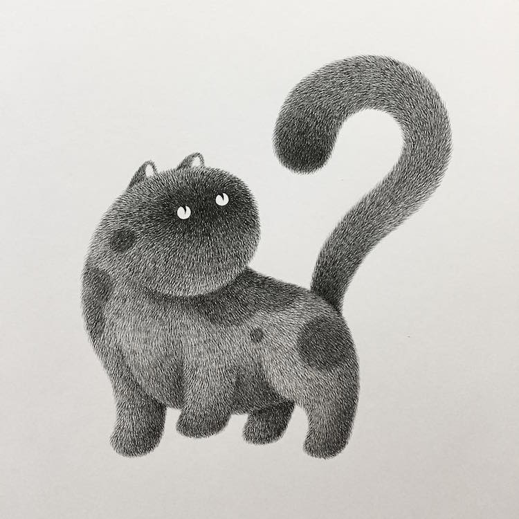 Fluffy Black Cat Ink Drawings by Kamwei Fong