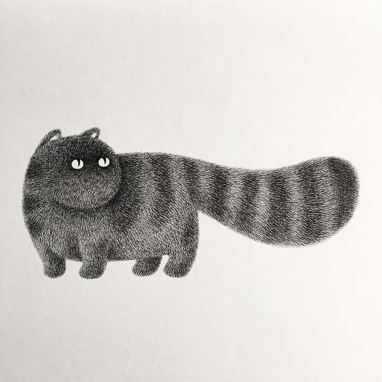 Fluffy Black Cat Ink Drawings by Kamwei Fong