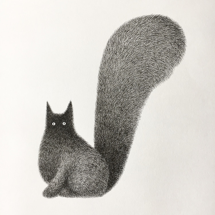 Fluffy Black Cat Ink Drawings Express the Personalities of 