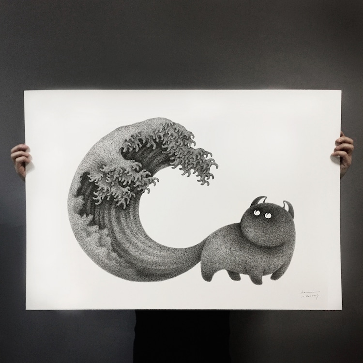 Fluffy Black Cat Ink Drawings by Kamwei Fong