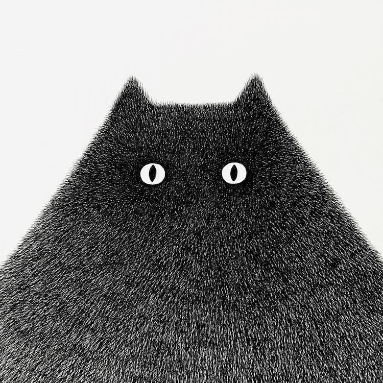 Fluffy Black Cat Ink Drawings by Kamwei Fong