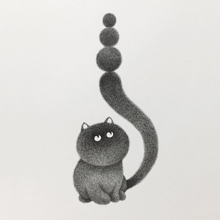 Fluffy Black Cat Ink Drawings Express the Personalities of