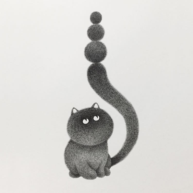 Fluffy Black Cat Ink Drawings by Kamwei Fong