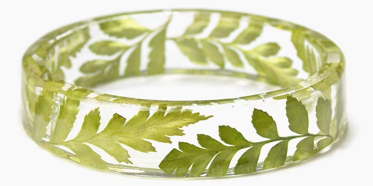 Golden Leaves Clear Resin Bangle Bracelet Contemporary Jewelry