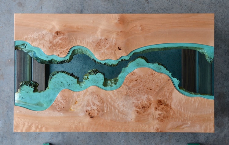 Wooden Furniture with Blue Glass Rivers by Greg Klassen