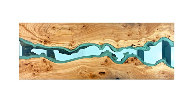 Wooden Furniture with Blue Glass Rivers by Greg Klassen