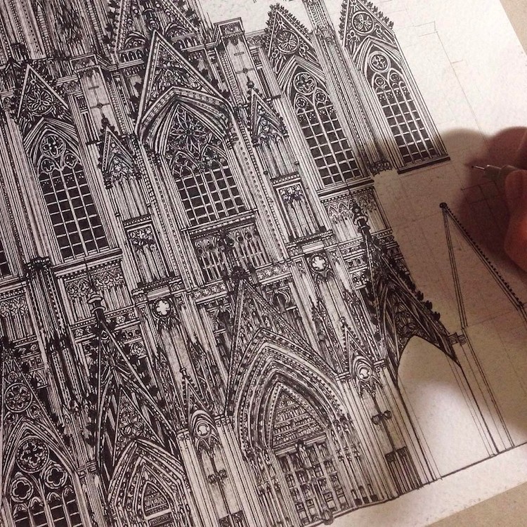 Artist Creates Meticulously Detailed Ink Drawings of Architecture