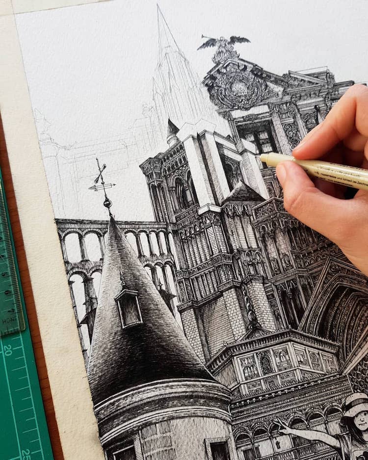 Creative Sketch Drawing Architecture for Girl