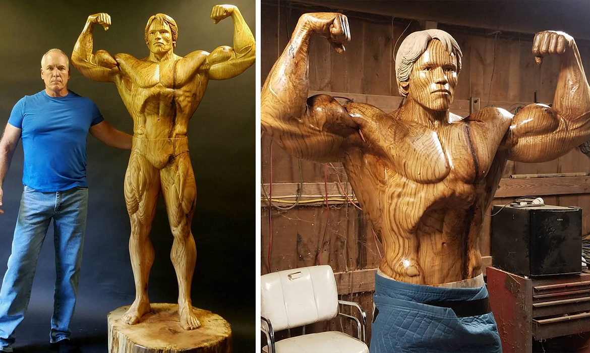 Wood Carving Artist Crafts Life Sized Arnold Schwarzenegger Statue