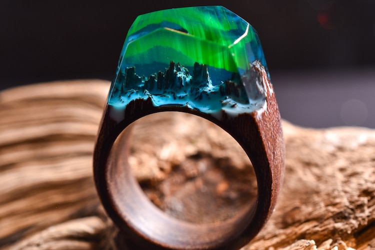 Wood Resin Ring Aurora Borealis Secret Handmade Wooden Resin Jewelry for women 