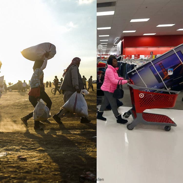 On the left, refugees flee a war-torn region while on the right a woman races to the checkout in Target with her Black Friday bargain big screen television.