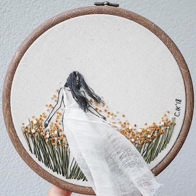 3D Embroidery of Floral Females With Hair and Dresses Flowing Off the ...
