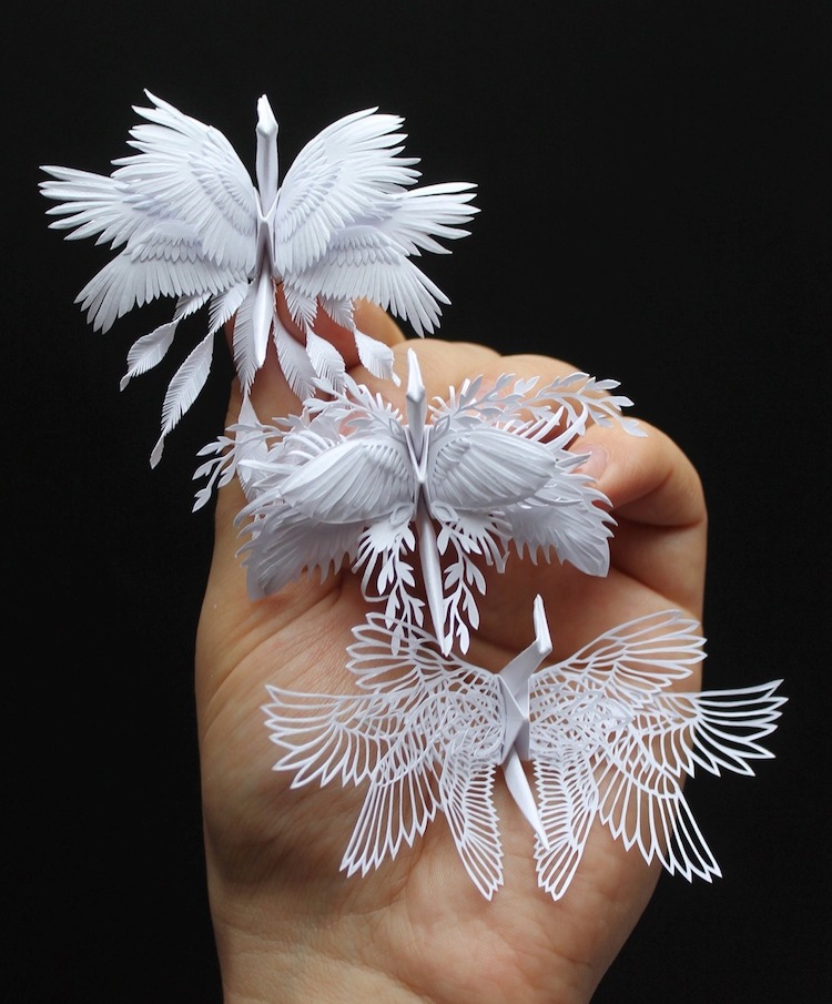 Artist Crafts Paper Cranes Embellished With Intricate