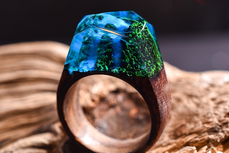 Waterfall Ring Wood and Resin Ring Secret Wood